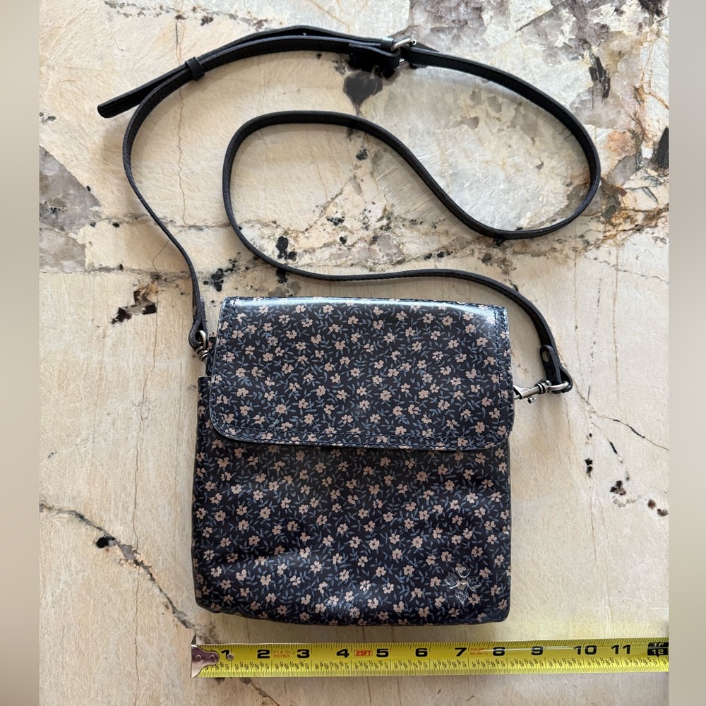 Patricia Nash Navy Leather with Tan Flowers Crossbody Purse